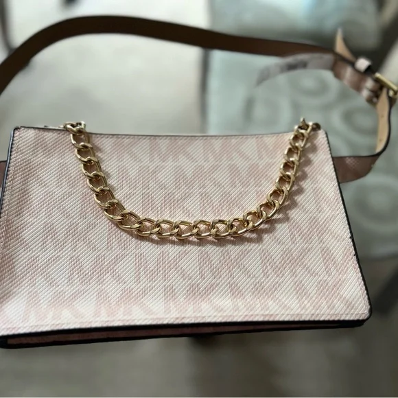 Michael Kors Monogram Nude Pink Leather Fanny Pack Belt with Gold Chain Zipper - Picture 3 of 9